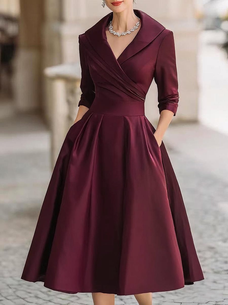 Burgundy Satin Midi Dress With Dramatic Collar — Elegant Midi Dresses
