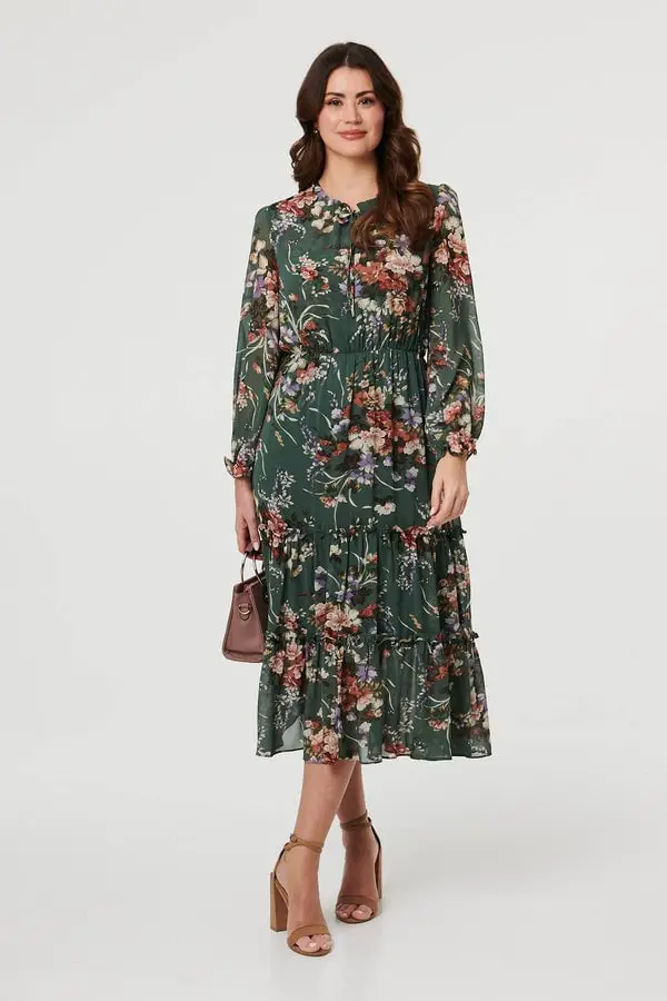 Green Floral Tiered Midi Dress With Cinched Waist — Elegant Midi Dresses