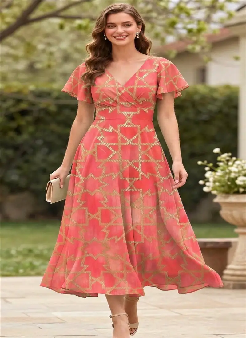 Coral Geometric Print Fit And Flare Midi Dress — Elegant Midi Dresses
