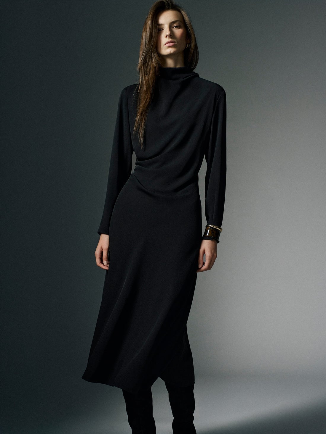 Black Mock Neck Column Midi Dress — Elegant Midi Dresses
