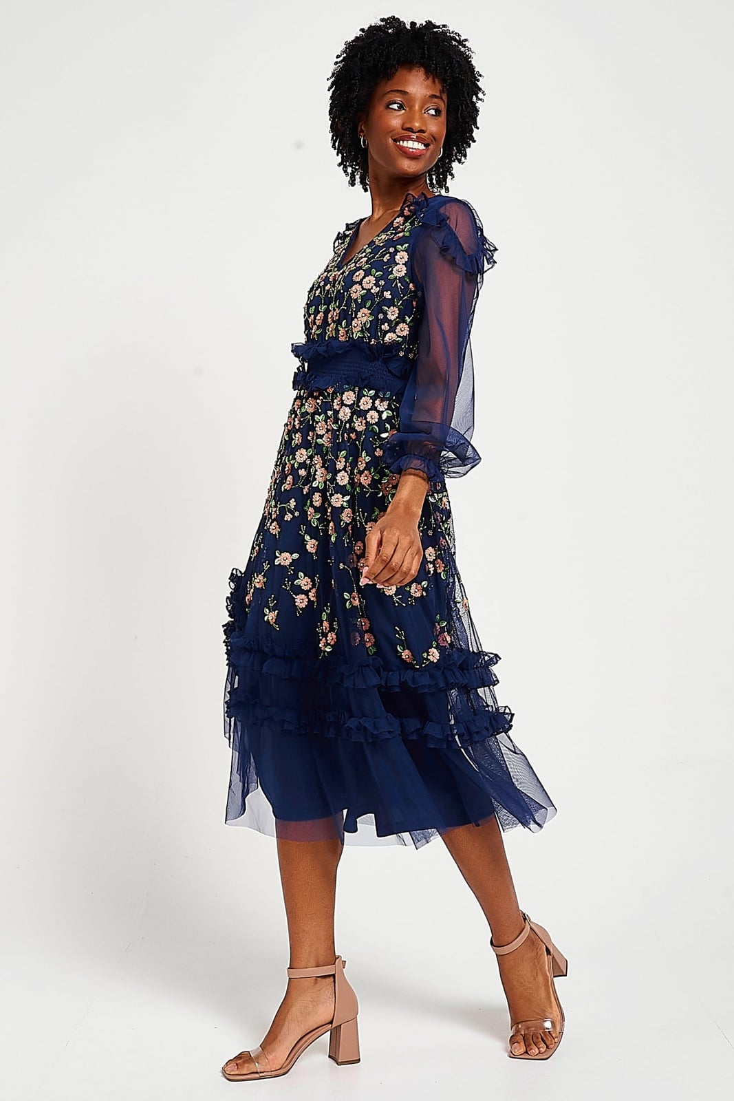 Navy Blue Embroidered Tiered Midi Dress — Elegant Midi Dresses