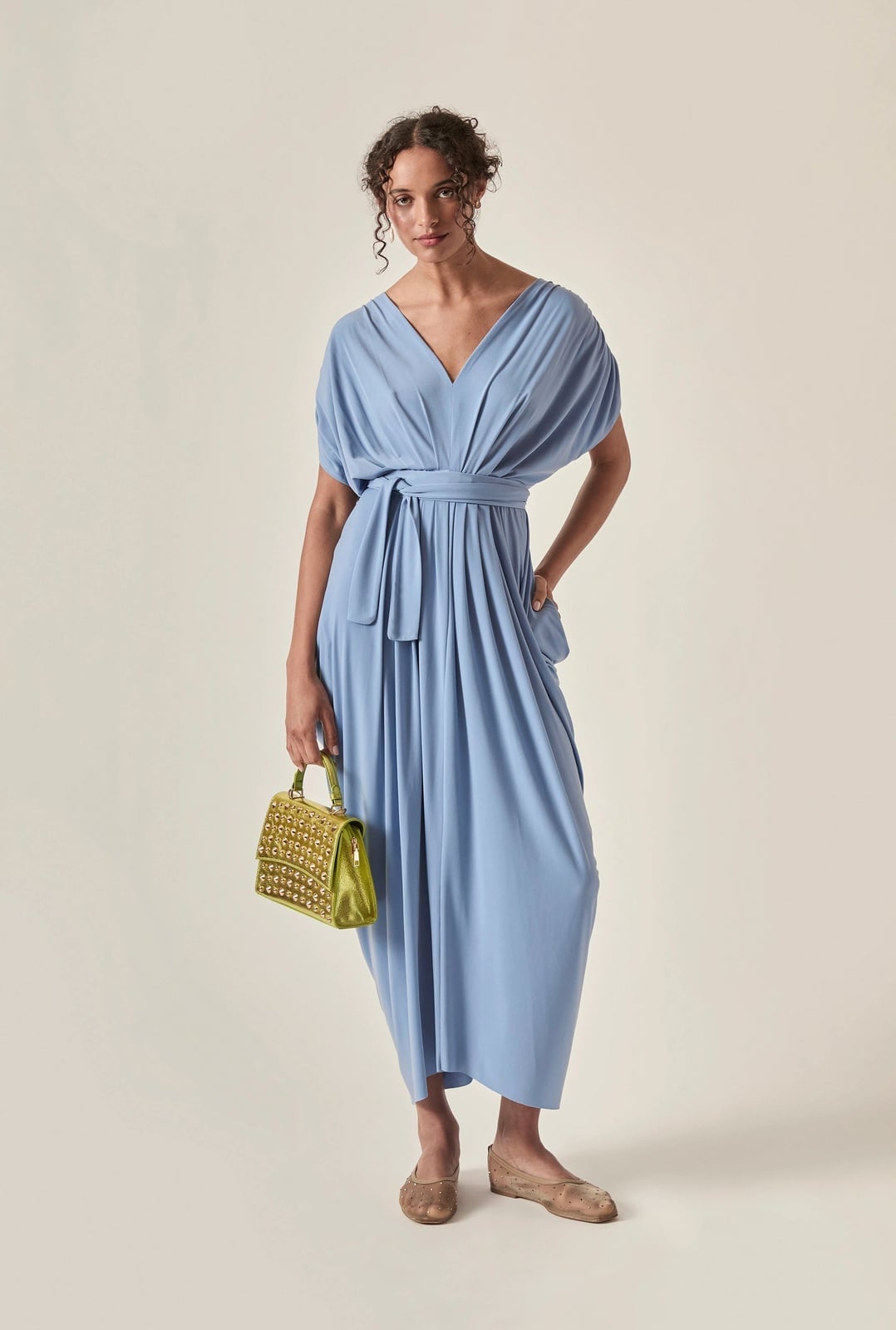 Powder Blue Draped Jersey Midi Dress — Elegant Midi Dresses