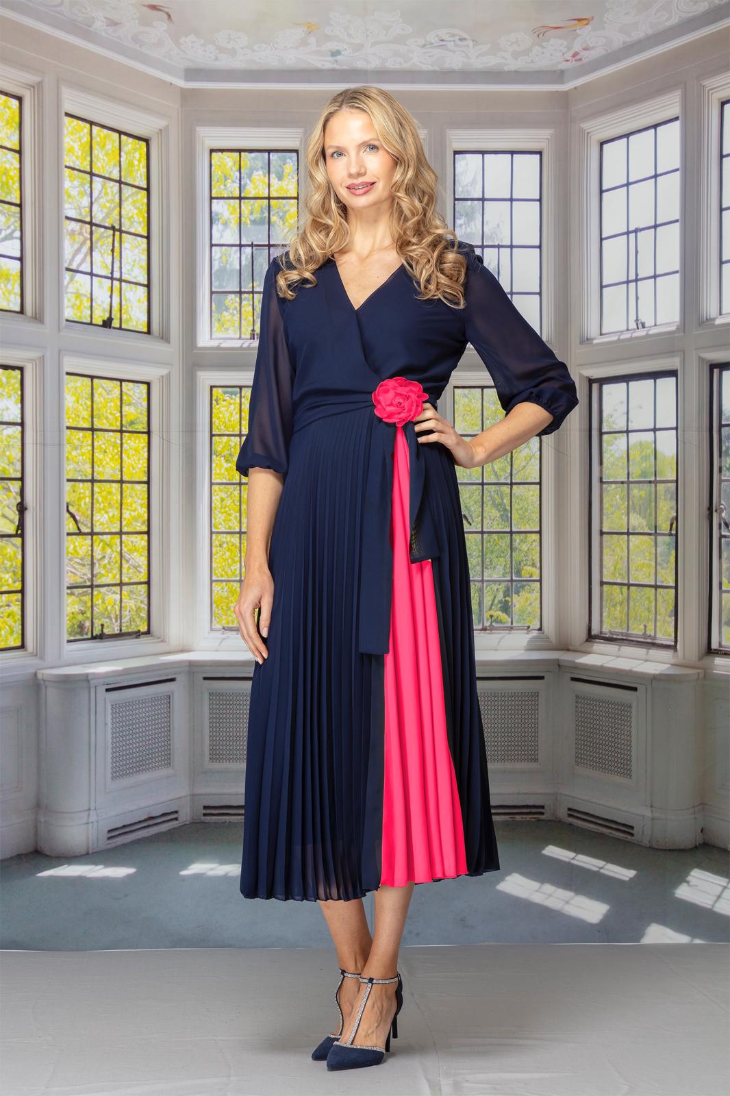 Navy Blue Fuchsia Panel Pleated Midi Dress — Elegant Midi Dresses