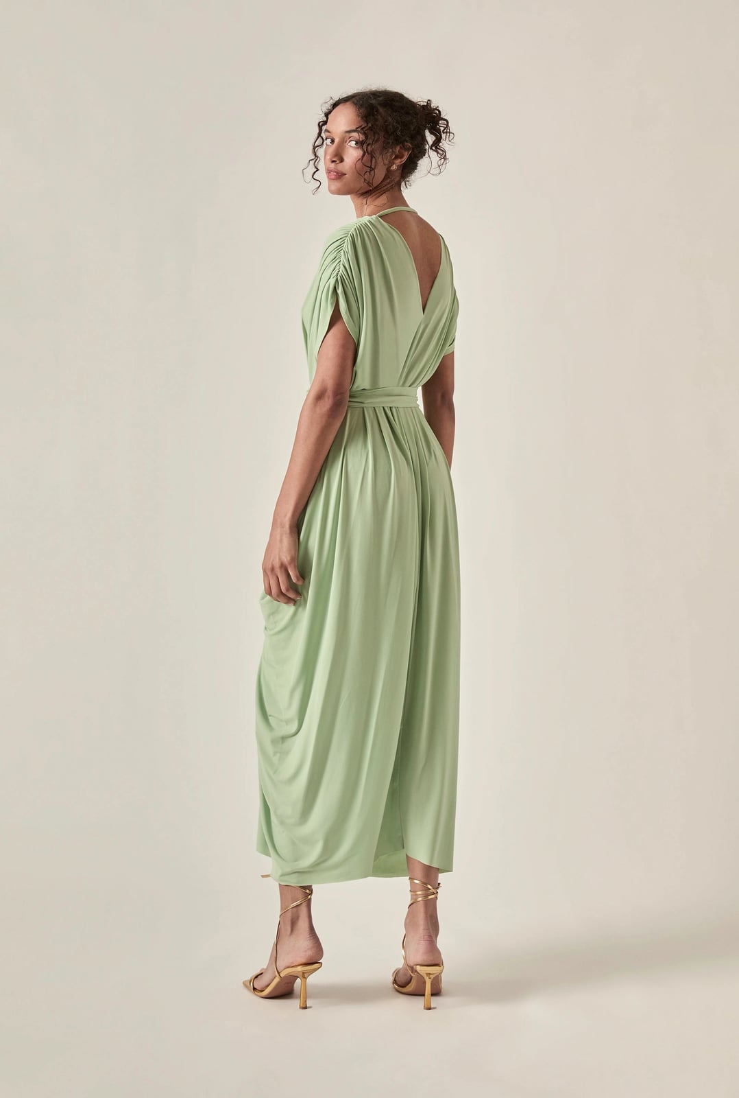 Sage Green Draped Open Back Midi Dress — Elegant Midi Dresses
