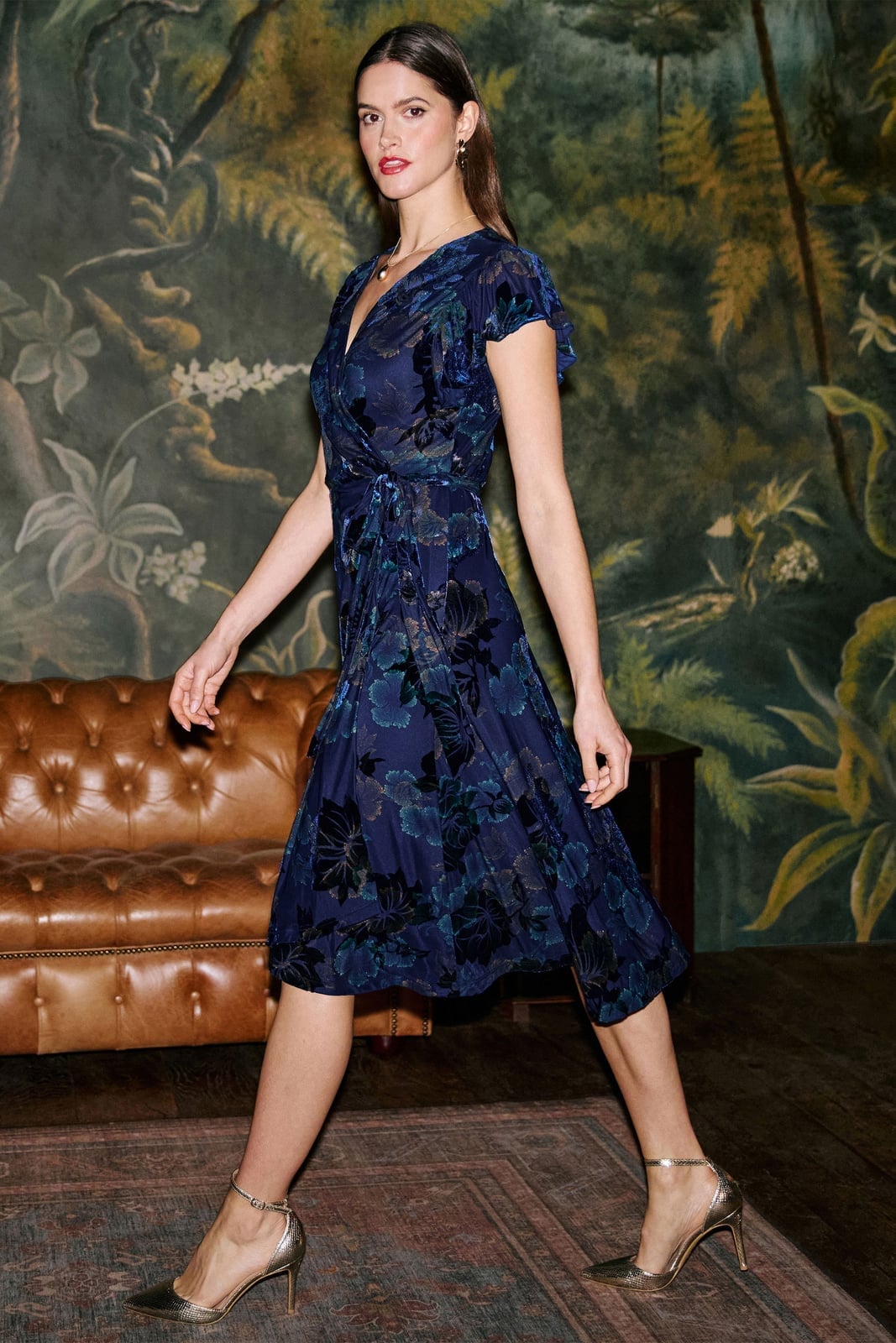 Dark Blue Velvet Burnout Floral Wrap Midi Dress — Elegant Midi Dresses