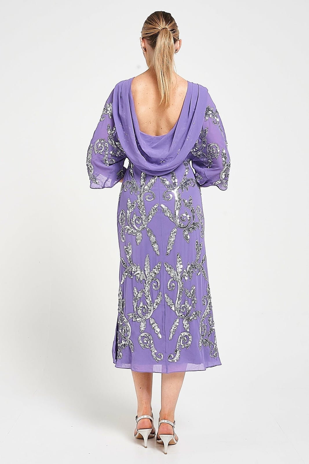 Lilac Sequin Embellished Midi Dress With Silver Heeled Sandals — Elegant Midi Dresses