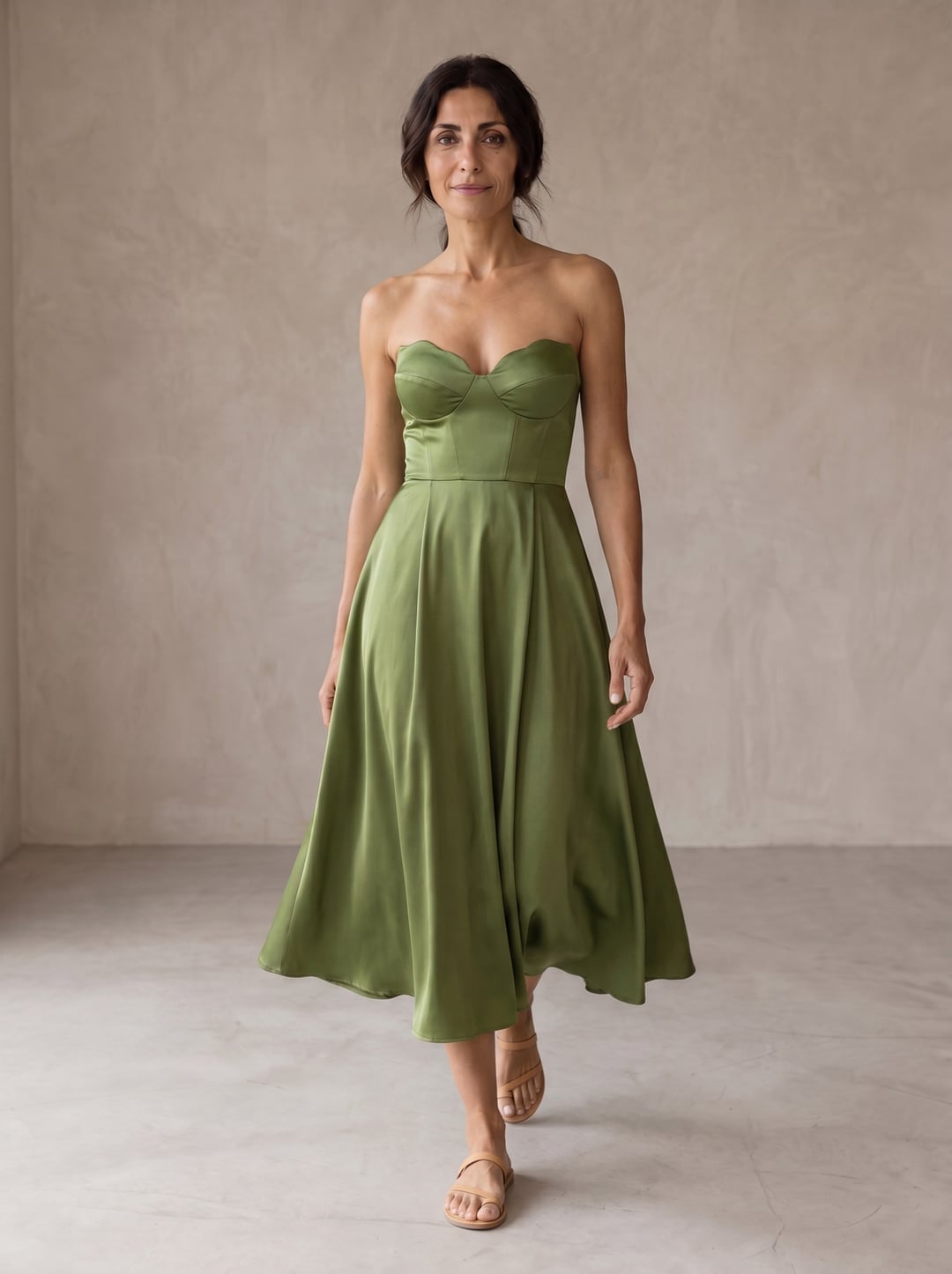 Olive Green Strapless Satin Midi Dress — Elegant Midi Dresses