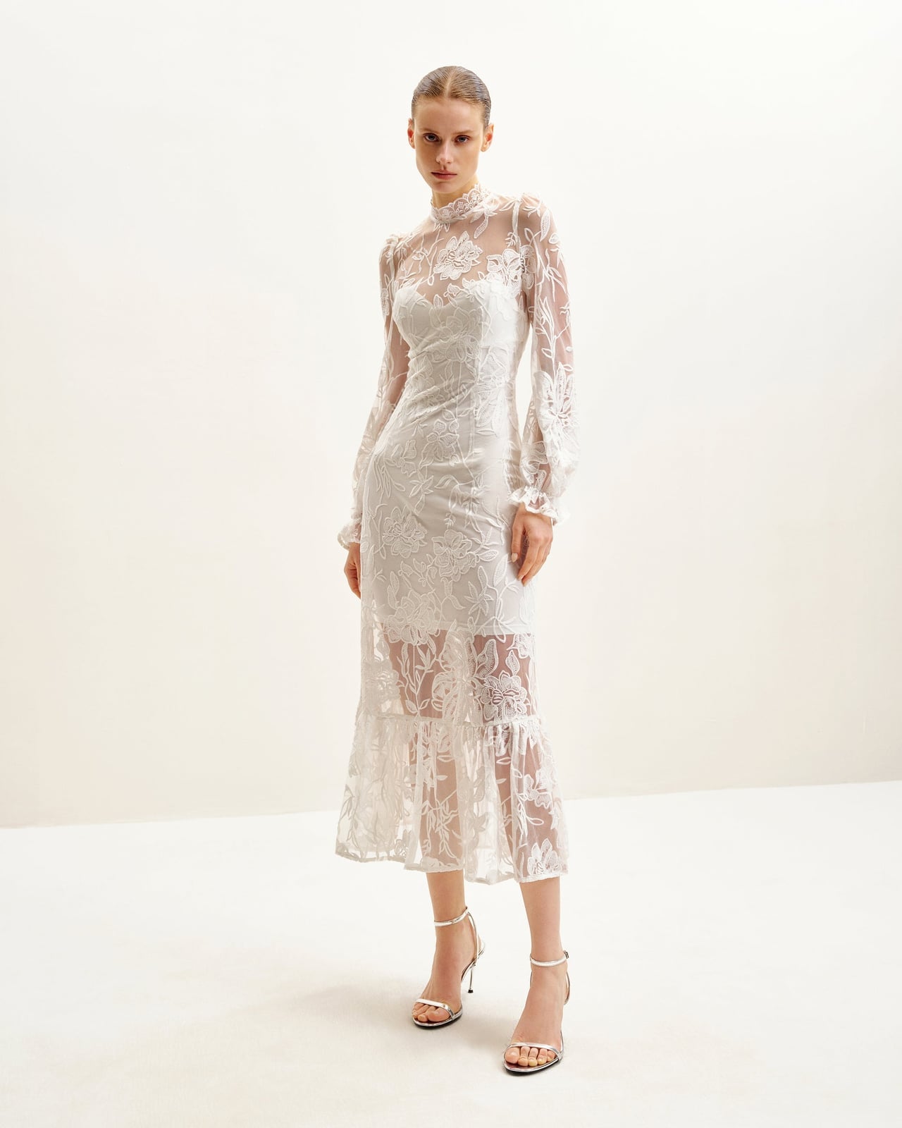 White Lace Midi Dress With Ruffled Hem — Elegant Midi Dresses