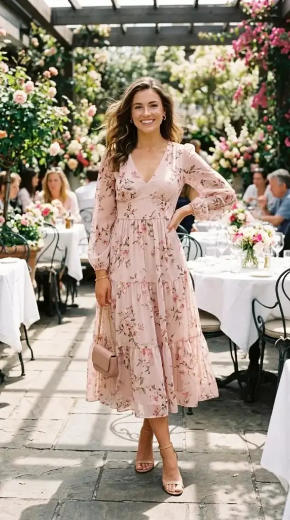 Pink Floral Puff Sleeve Tiered Midi Dress — Elegant Midi Dresses