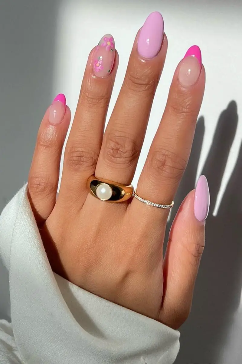 Bright Pink French Floral Short Almond Nails Bright Pink French Floral Short Almond Nails — Nail Art Ideas