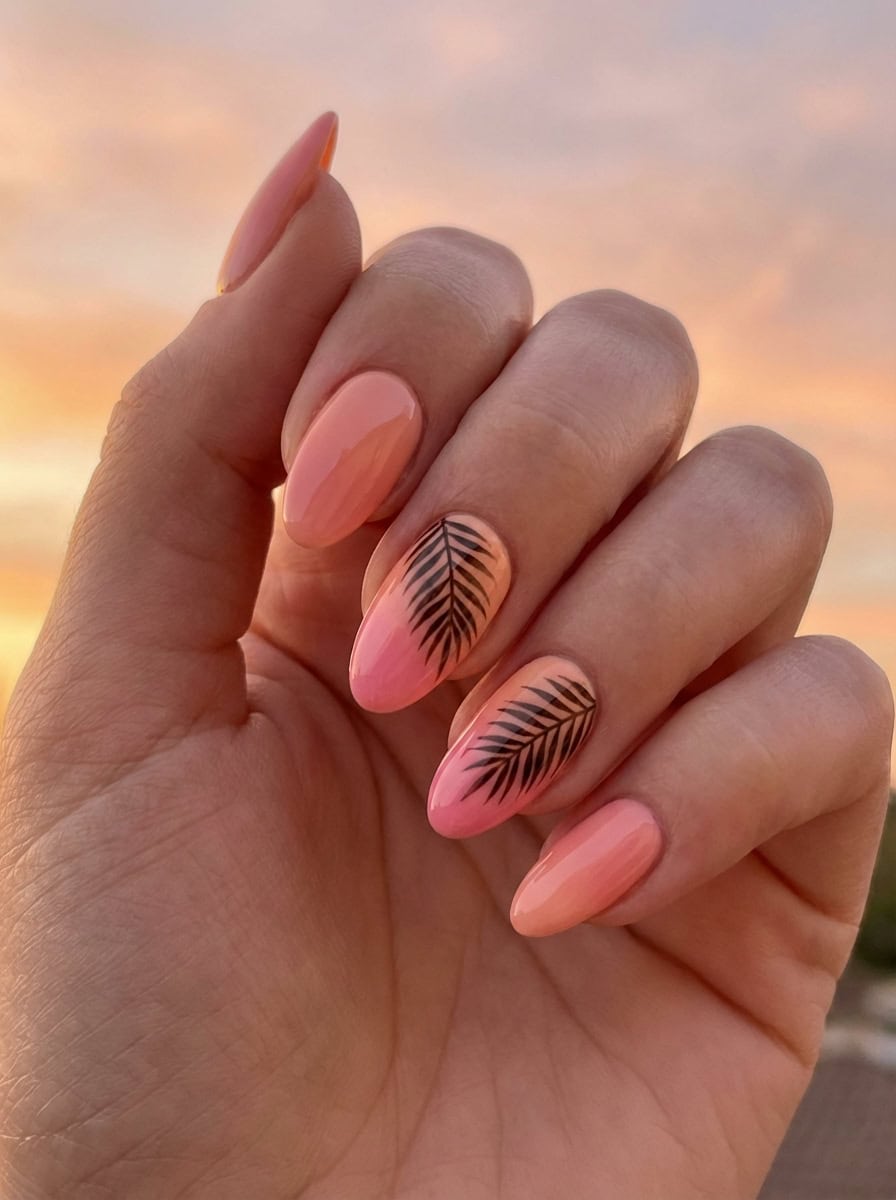 Peach Coral Palm Leaf Medium Almond Nails Peach Coral Palm Leaf Medium Almond Nails — Nail Art Ideas