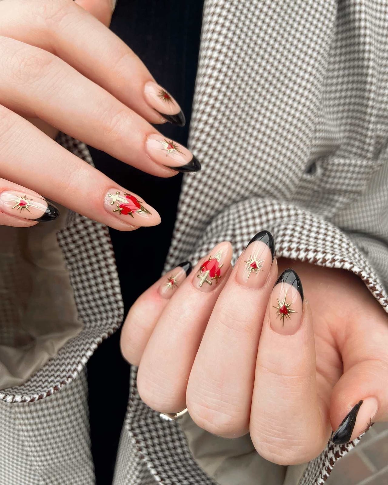 Nude Black French Floral Art Long Almond Nails Nude Black French Floral Art Long Almond Nails — Nail Art Ideas