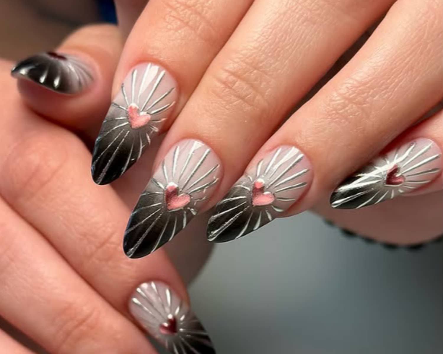 Black Gradient Sunburst Long Almond Nails Black Gradient Sunburst Long Almond Nails — Nail Art Ideas