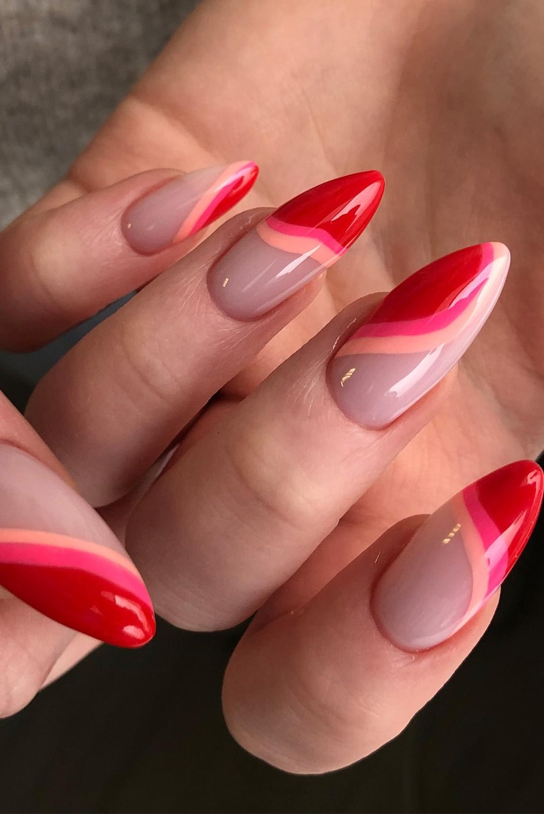 Red Pink Wavy Line Long Almond Nails Red Pink Wavy Line Long Almond Nails — Nail Art Ideas