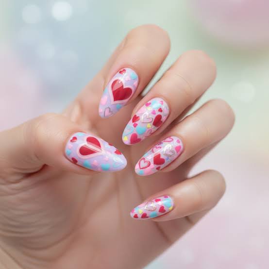Multi-Color Heart Medium Almond Nails Multi-Color Heart Medium Almond Nails — Nail Art Ideas