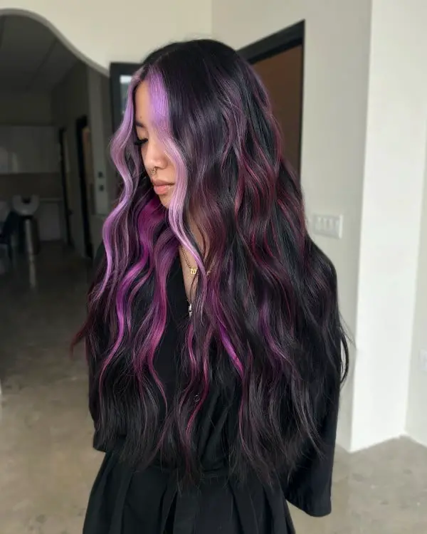 Mid-Back Black Base Purple Magenta Highlights Mid-Back Black Base Purple Magenta Highlights — Purple Hair Dye Inspiration