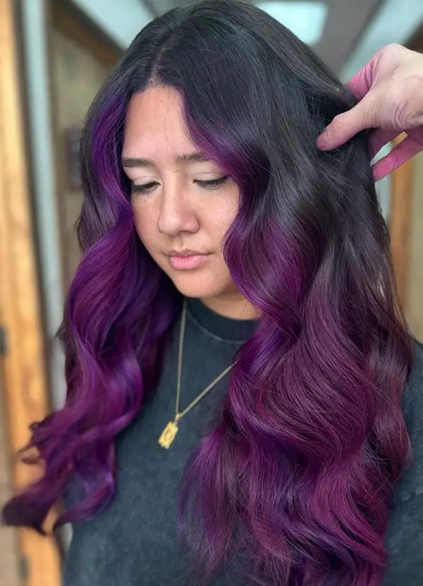 Mid-Back Dark Base Vibrant Purple Balayage Mid-Back Dark Base Vibrant Purple Balayage — Purple Hair Dye Inspiration