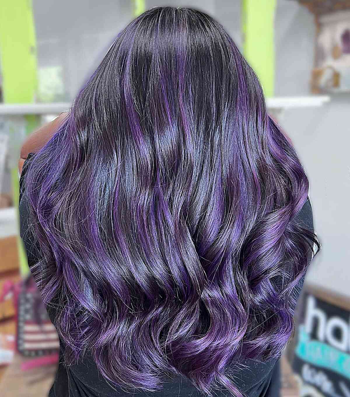 Mid-Back Dark Base With Purple Highlights Mid-Back Dark Base With Purple Highlights — Purple Hair Dye Inspiration