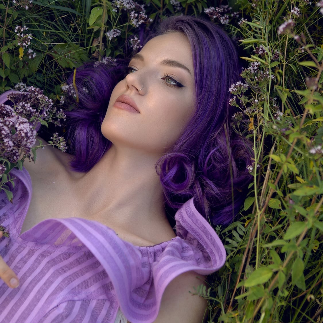 Vivid Purple Shoulder Length Curls Vivid Purple Shoulder Length Curls — Purple Hair Dye Inspiration