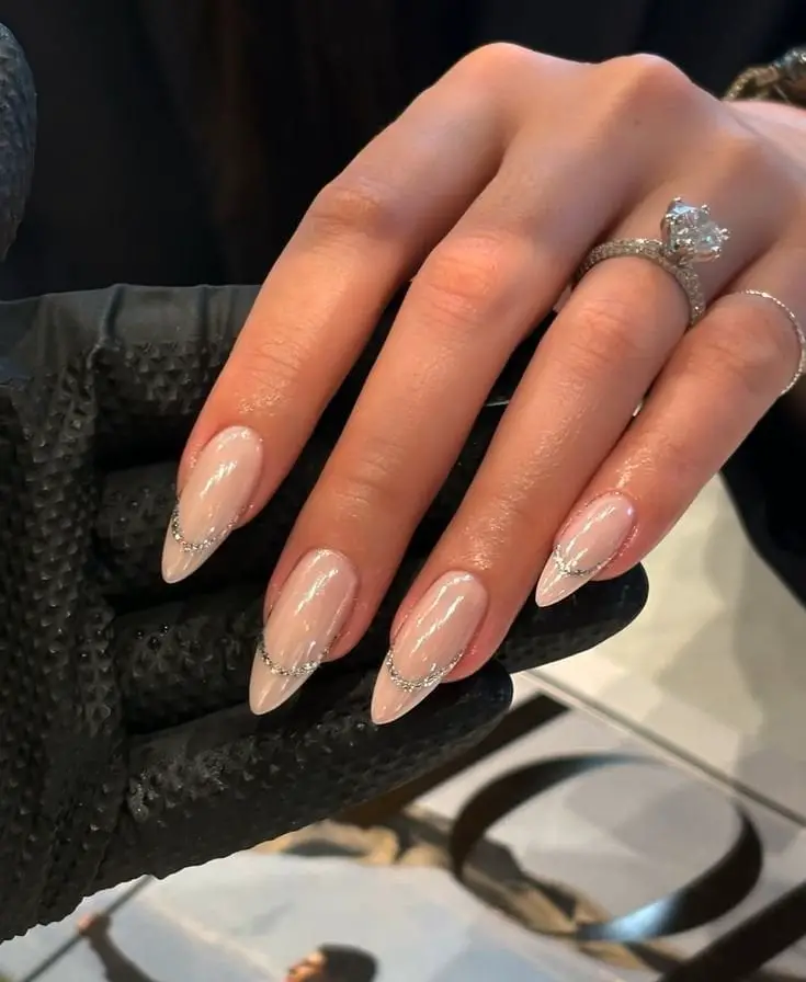 Long Almond Sheer Nude Silver Line Long Almond Sheer Nude Silver Line — Russian Manicure Inspiration