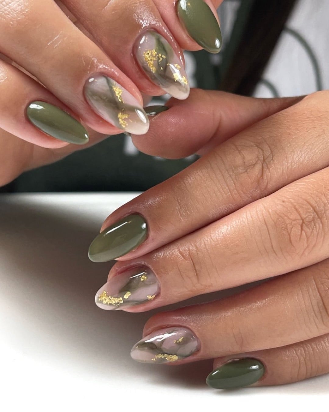 Medium Oval Olive Green Marble Gold Foil Medium Oval Olive Green Marble Gold Foil — Russian Manicure Inspiration