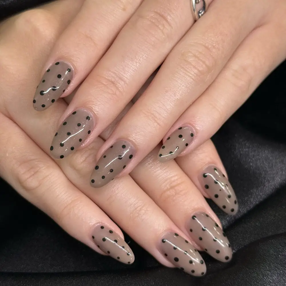 Medium Almond Taupe Black Polka Dots Medium Almond Taupe Black Polka Dots — Russian Manicure Inspiration