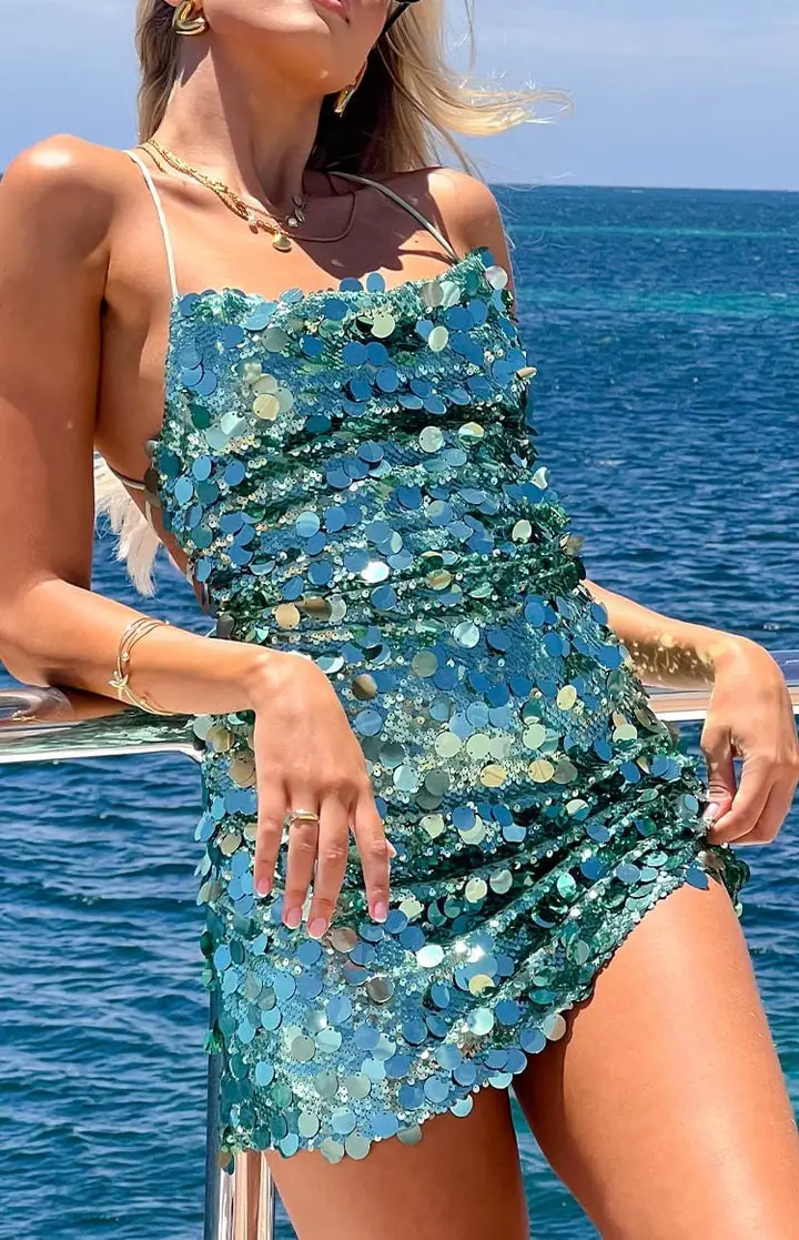 Green and Blue Sequined Mini Dress Green and Blue Sequined Mini Dress — Simple 21st Birthday Outfits