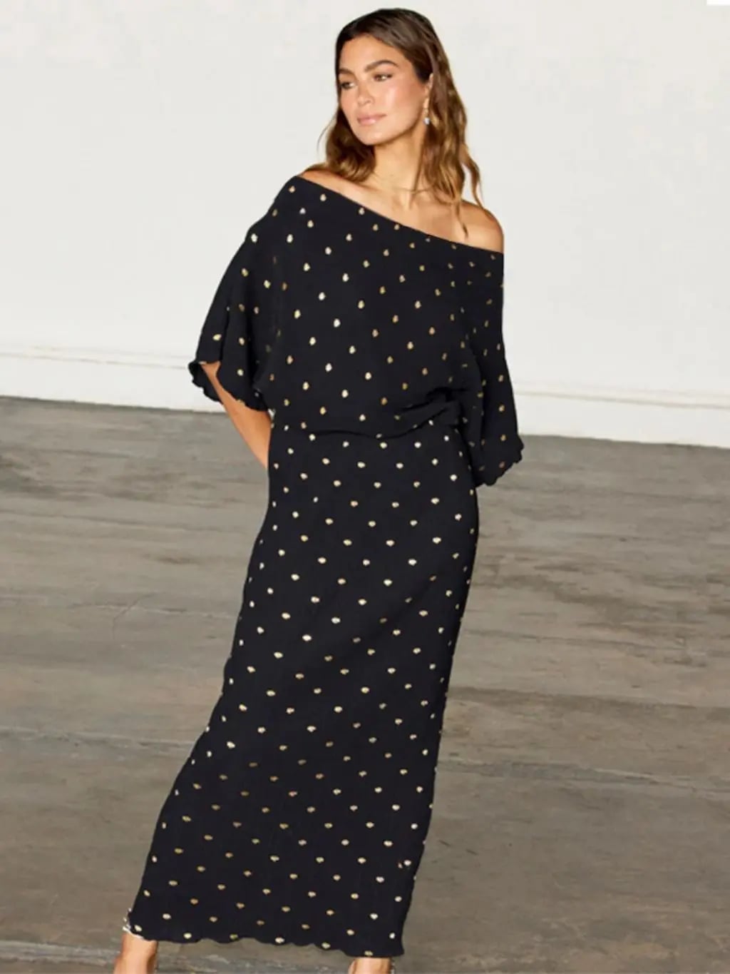 Black Maxi Dress with Gold Polka Dot Print Black Maxi Dress with Gold Polka Dot Print — Simple 21st Birthday Outfits