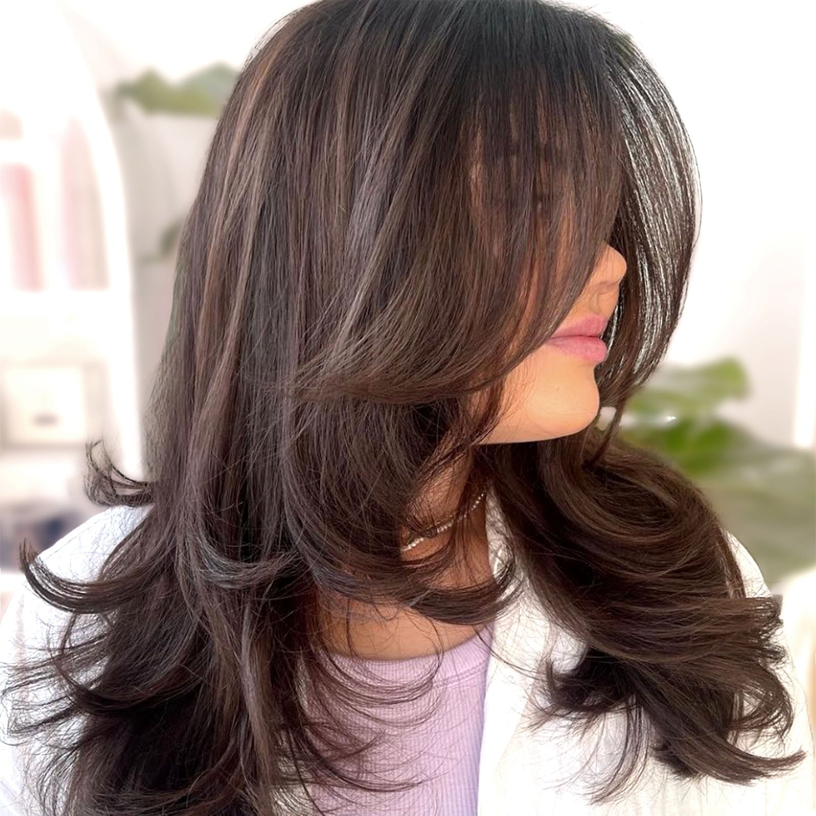 Mid-Back Layered Dark Brown Blowout — Simple 90s Blowout Hair