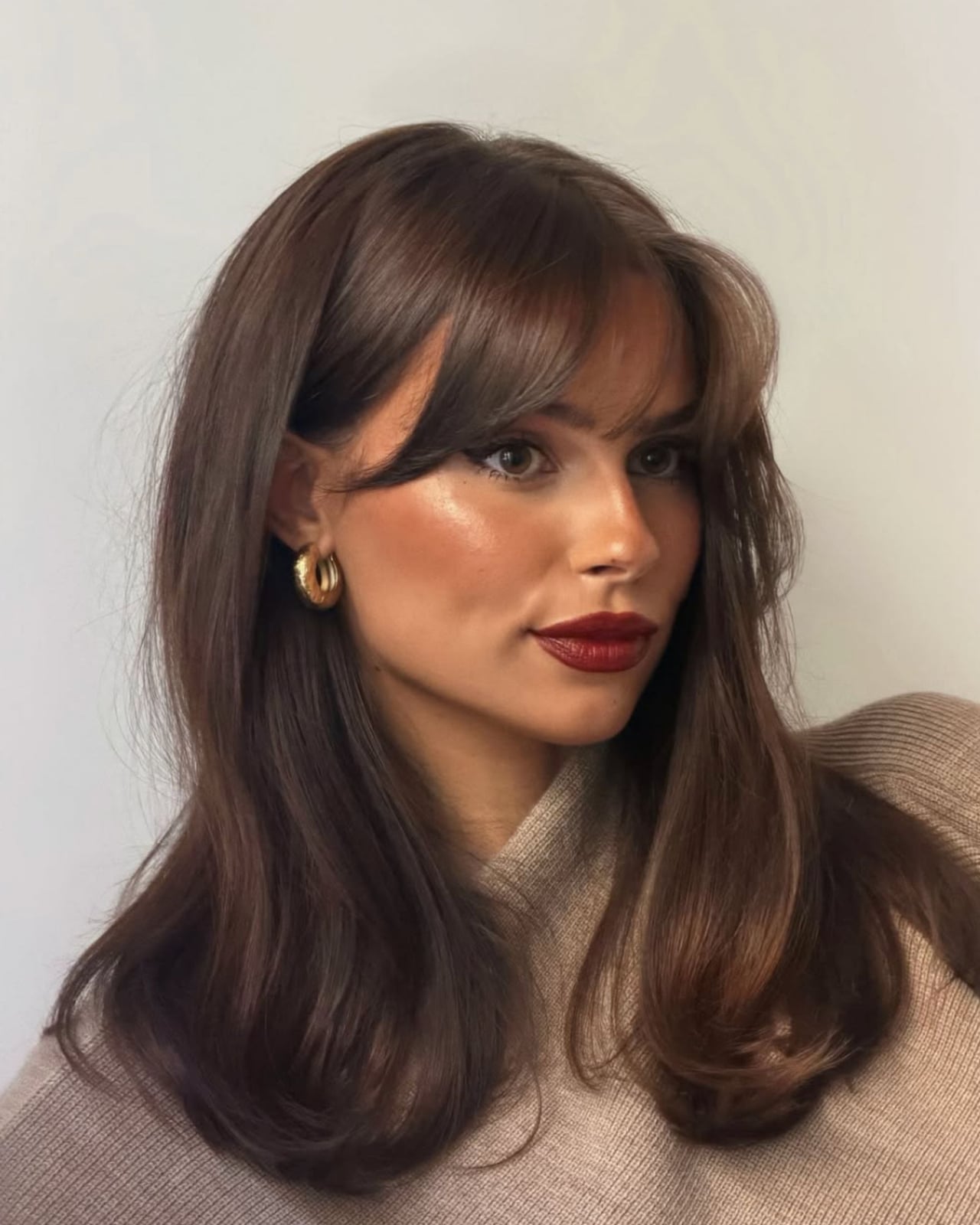 Shoulder Length Dark Brown Blowout With Curtain Bangs — Simple 90s Blowout Hair