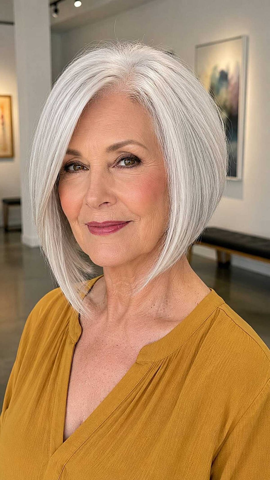 Silver Gray A-Line Bob With Side Swept Bangs, Close-Up Take Silver Gray A-Line Bob With Side Swept Bangs, Close-Up Take — Simple A-Line Bob
