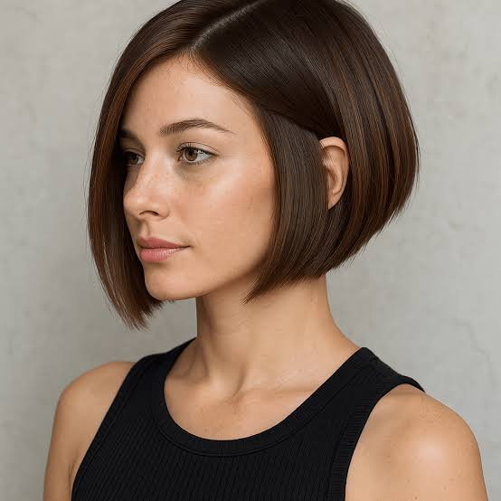 Sleek Dark Brown Bob With Side Part Sleek Dark Brown Bob With Side Part — Simple A-Line Bob