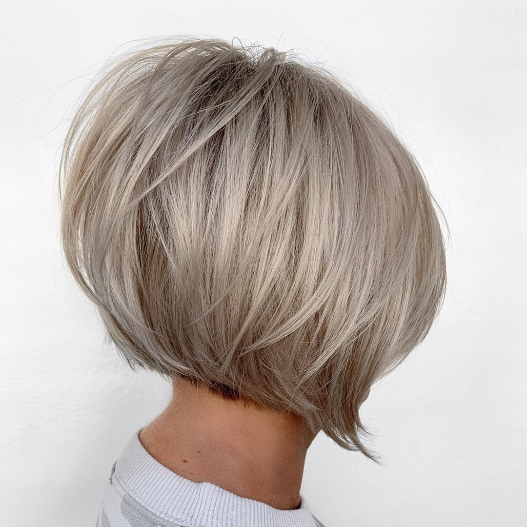 Ash Blonde Stacked Bob With Textured Layers Ash Blonde Stacked Bob With Textured Layers — Simple A-Line Bob
