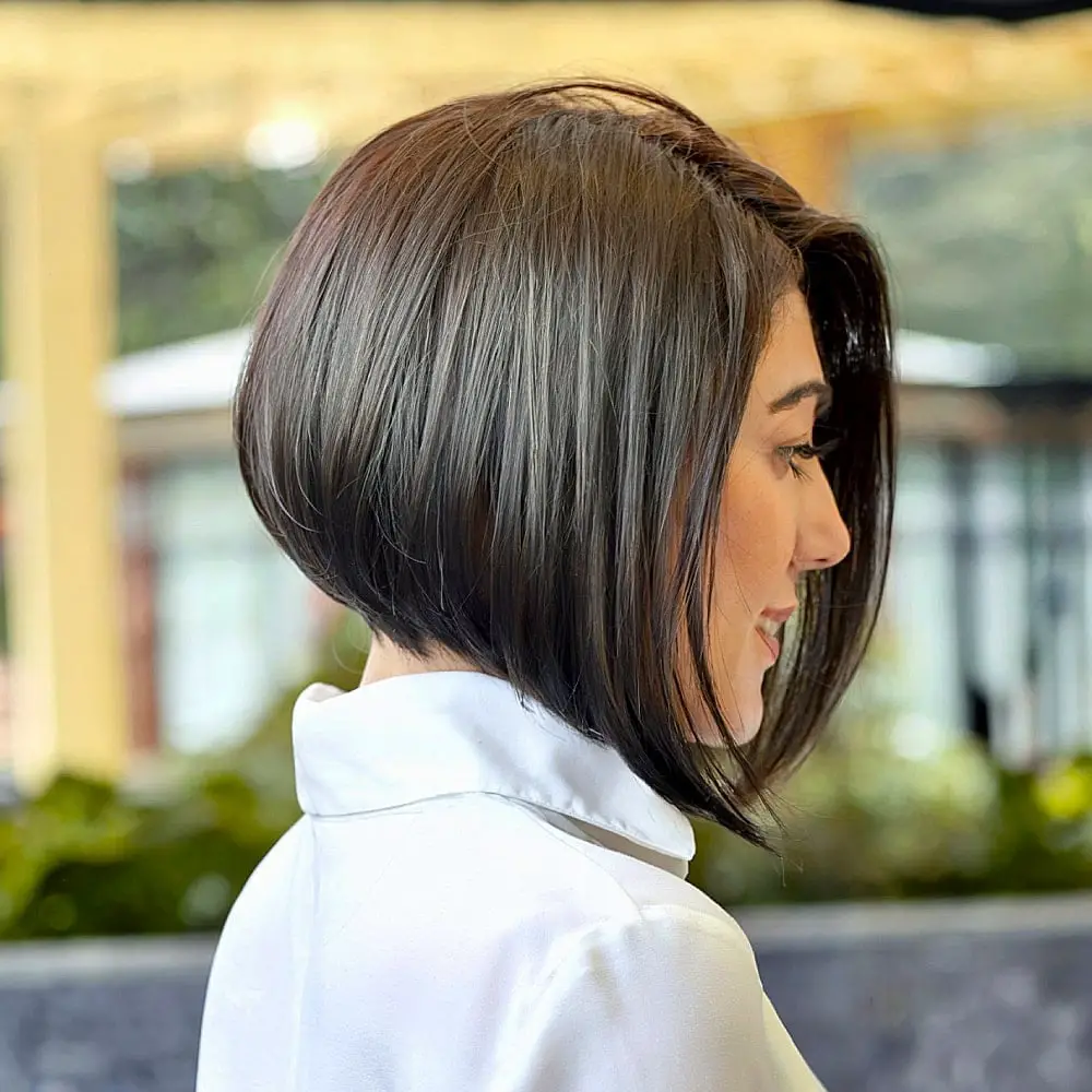 Dark Brown A-Line Bob With Curtain Bangs Dark Brown A-Line Bob With Curtain Bangs — Simple A-Line Bob