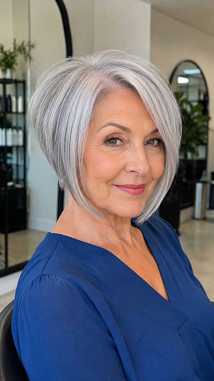 Silver Gray Stacked Bob With Side Swept Bangs Silver Gray Stacked Bob With Side Swept Bangs — Simple A-Line Bob