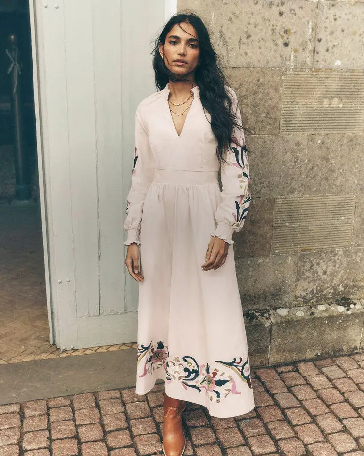 Off-white Cotton A-line Midi Dress With Embroidery — Simple a Line Dresses