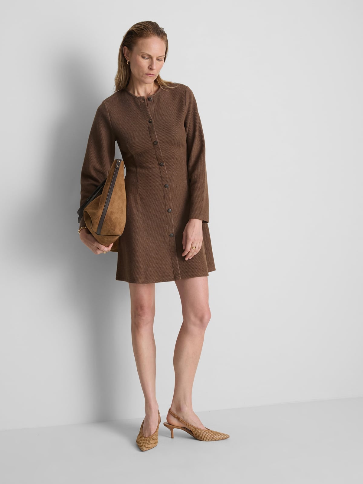 Brown Knit Dress With Button Front and Tie Waist — Simple a Line Dresses