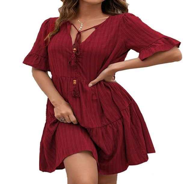 Red Striped Tiered A-line Dress With Tie Neck — Simple a Line Dresses