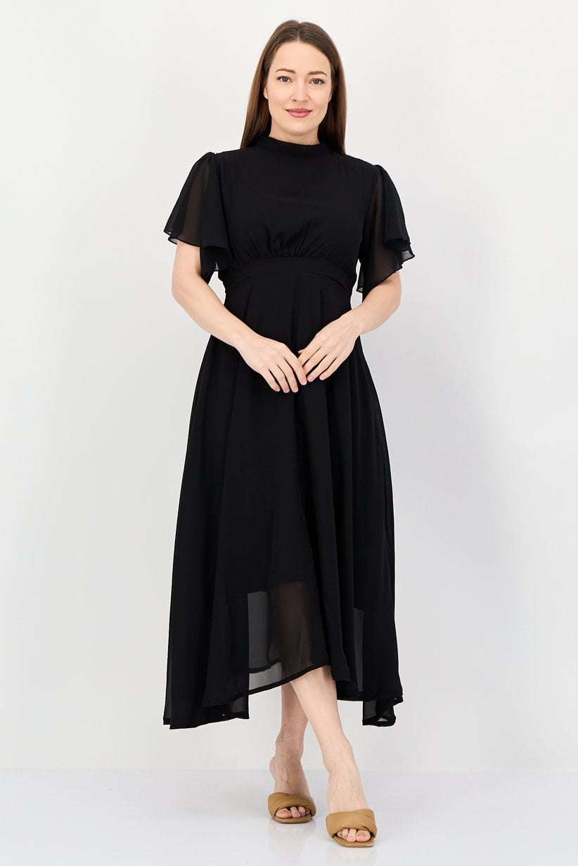 Black A-line Midi Dress With Flutter Sleeves — Simple a Line Dresses