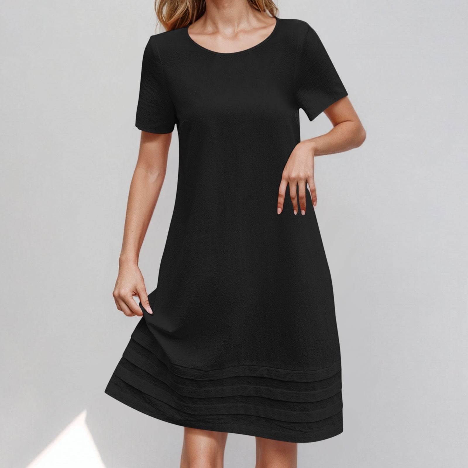 Black Knit T-shirt Dress With Pleated Hem — Simple a Line Dresses