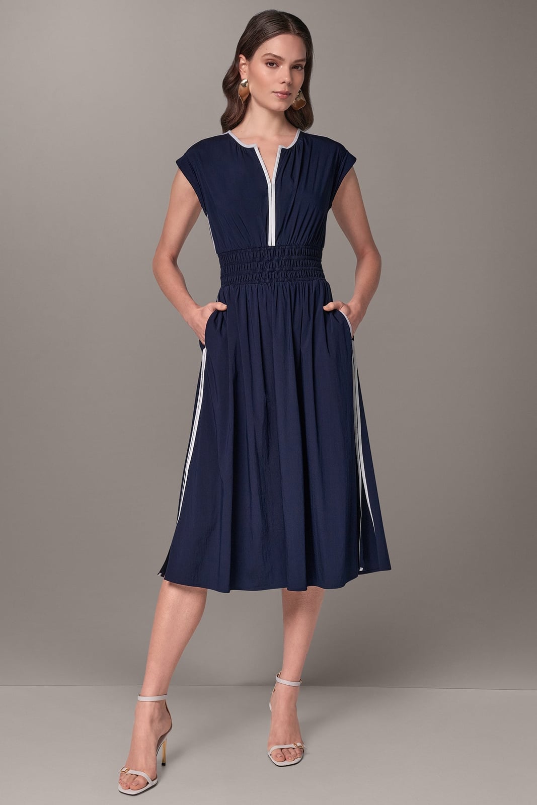 Navy Cotton Blend A-line Midi Dress With Side Stripes — Simple a Line Dresses