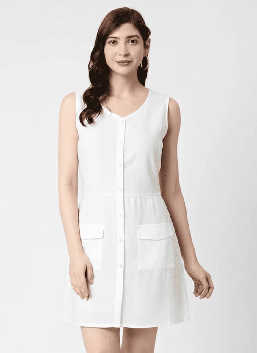 White Linen A-line Mini Dress With Button Front — Simple a Line Dresses