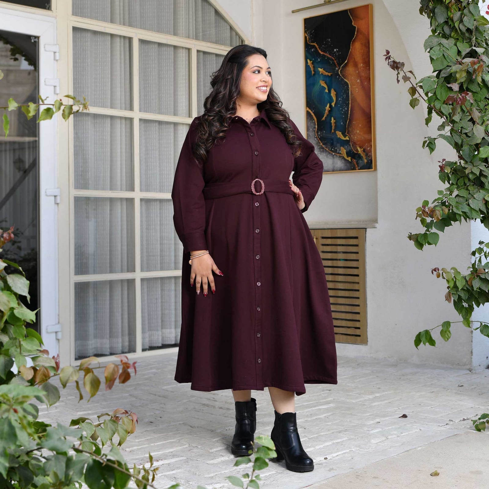 Burgundy Button-Down A-line Midi Dress With Belt — Simple a Line Dresses