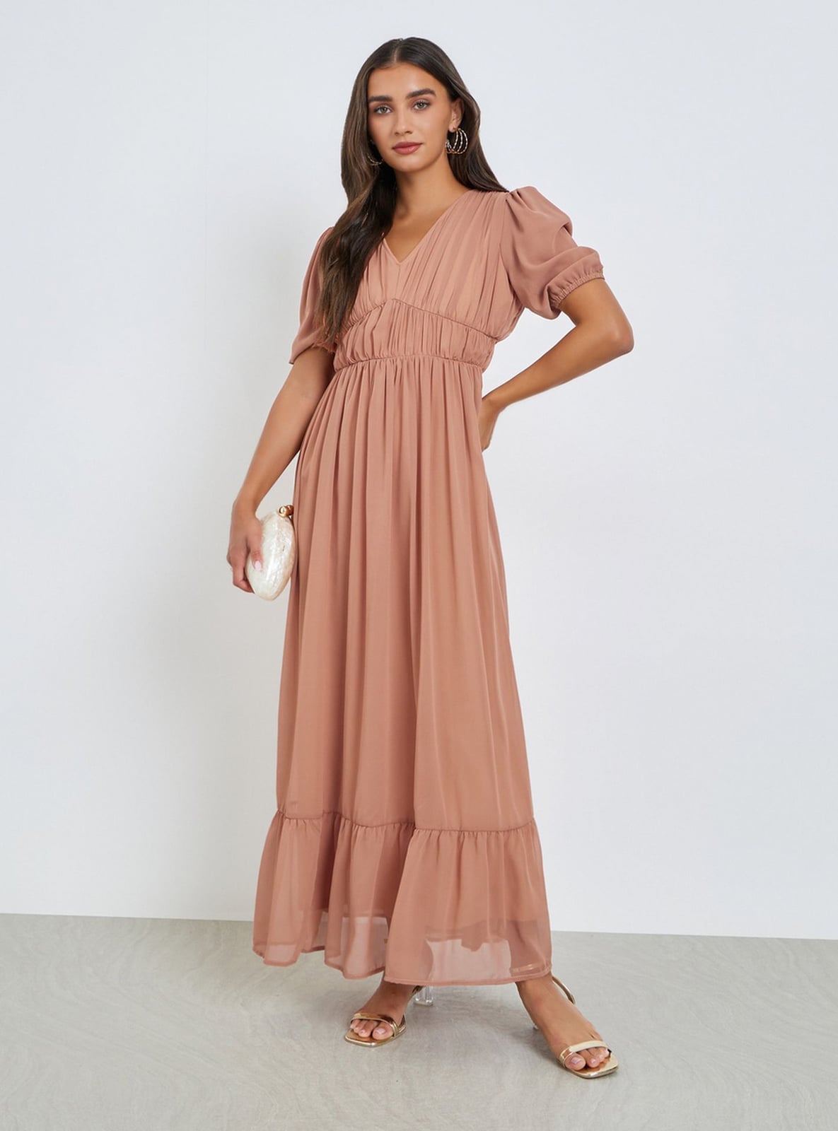 Dusty Rose Chiffon A-line Maxi Dress With Puffy Sleeves — Simple a Line Dresses