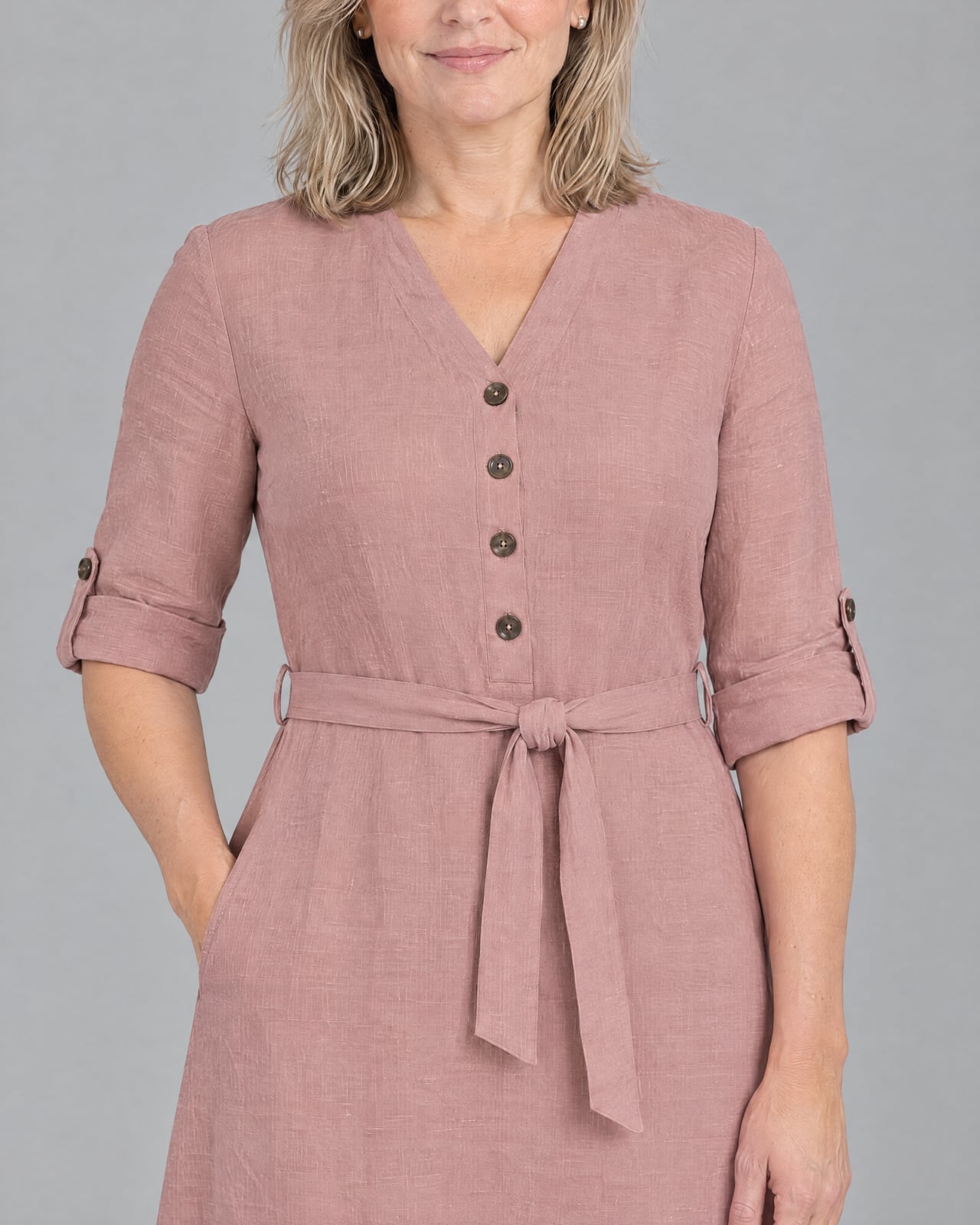 Dusty Rose Linen Midi Dress With Tie Belt — Simple a Line Dresses