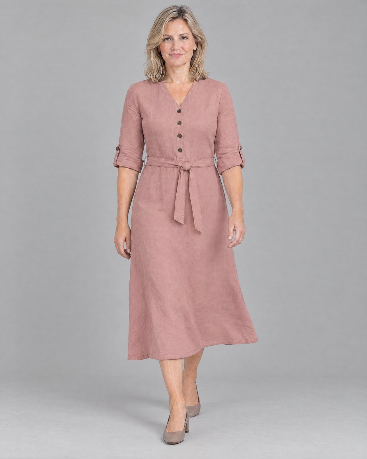 Pink Linen A-line Midi Dress With Button Front — Simple a Line Dresses