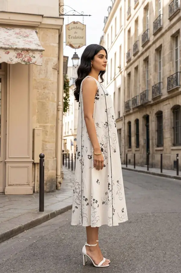 Floral Print A-line Midi Dress With Black Trim — Simple a Line Dresses