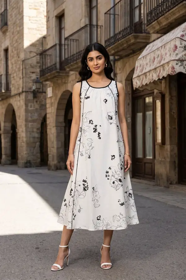 White A-line Midi Dress With Black Floral Print and Linen Blend — Simple a Line Dresses