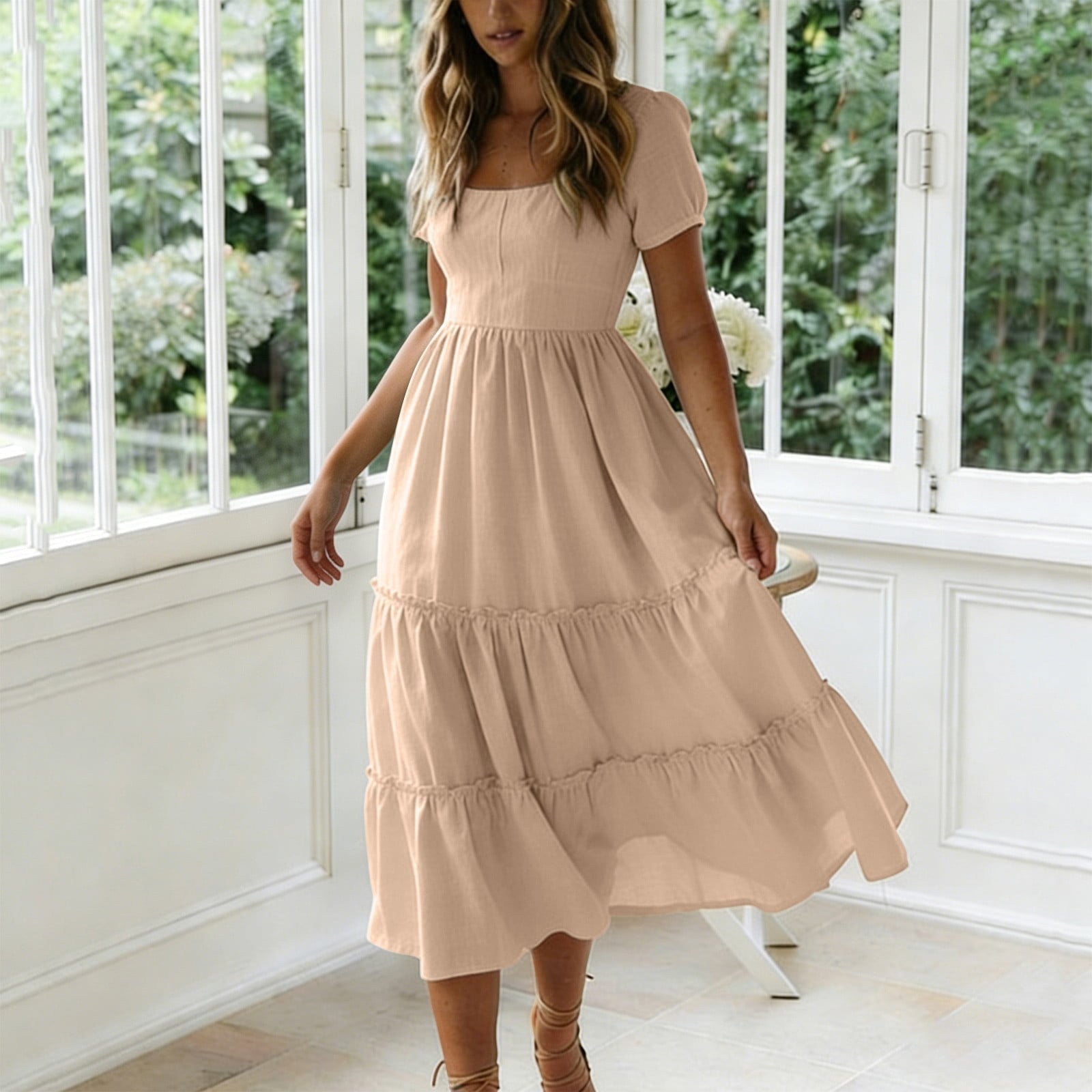 Beige Linen-like Midi Dress With Tiered Ruffle Hem — Simple a Line Dresses