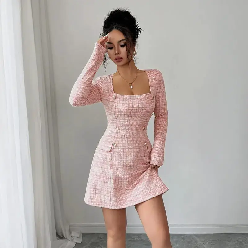 Pink Tweed-like A-line Dress With Square Neckline — Simple a Line Dresses